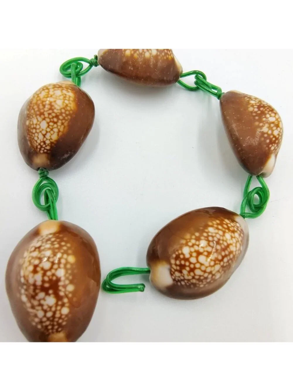 Vintage Handmade Cowrie Shell Bracelet Green Wire Boho Beach Coastal Jewelry